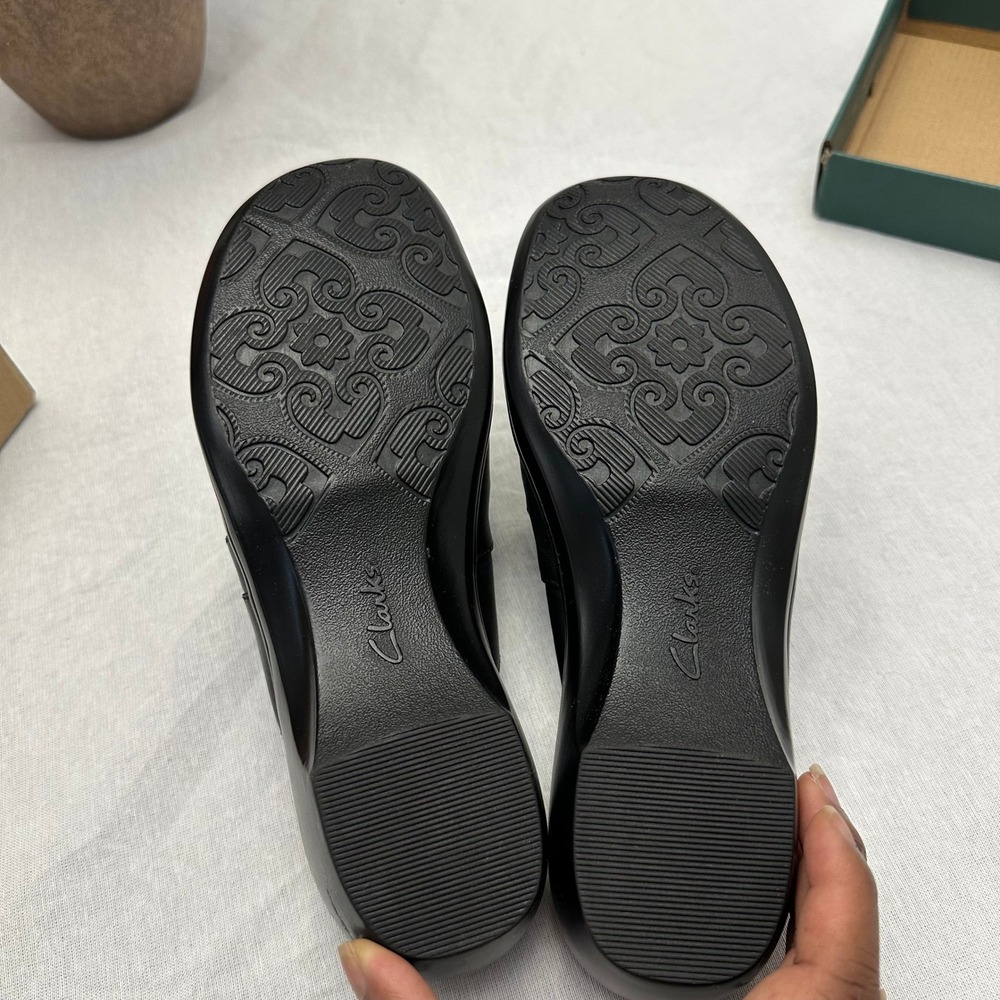 Clarks Prarie Flower Black Leather Mules Clogs Studded Wedge Shoes 35543 7.5 M - Picture 4 of 10